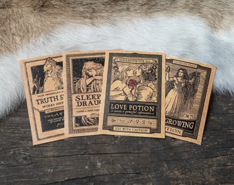 4 Potion Label Stickers - Love Potion, Truth Serum, Sleeping Draught & Hair Growing Potion