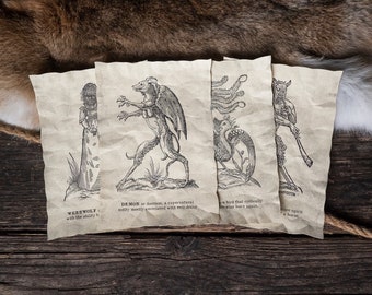 4 mostri tratti da pergamene di storia medievale - Voci di diario di demonologia del bestiario Monstrorum