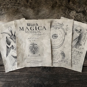Pode incluir: Cinco páginas de pergaminho antigo com ilustrações e texto em tinta preta. As páginas apresentam um demônio com chifres, um círculo com um olho, uma cobra, uma figura encapuzada e uma página de texto. O texto em uma página diz: "Black Magica Veterum, Philofophi mat yh Lig: 15xx Parisiis Apud Ioannem Lodoicum."
