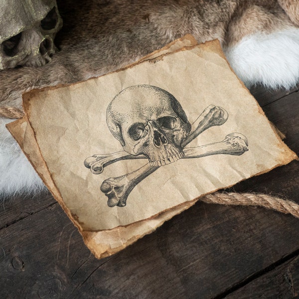 Vintage-Piratenflaggen-Design auf handgeschöpftem Papier – von Jolly Roger inspirierte Schriftrolle