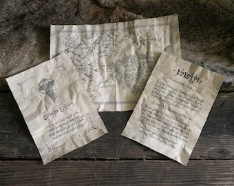 3 Elvish Forests Inspired Pages - Poem/Song, Leaf of Lorien and Map of the Forest - Scrolls Inspired by the Realm of Tolkien