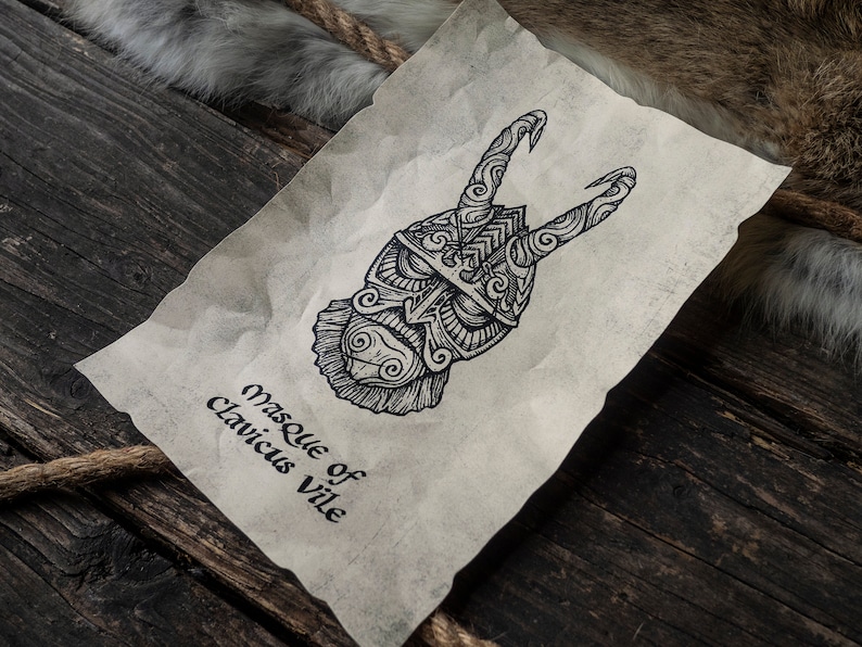 May include: A black and white illustration of a mask with horns and intricate details. The text "Masque of Clavicus Vile" is written below the mask.