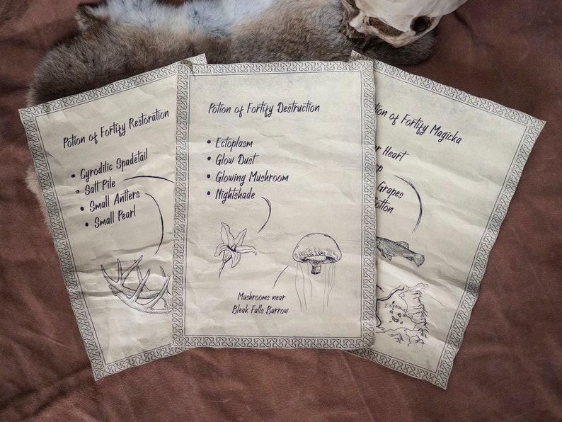 3 Skyrim Magic Alchemy Inspired Scrolls - Destruction, Restoration and fortify Magicka image 1