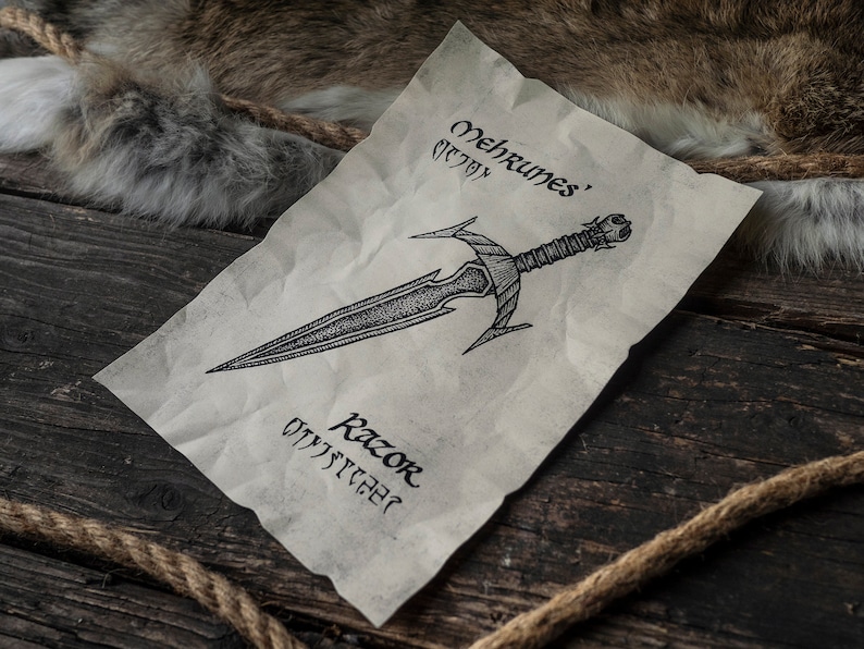 May include: A black and white illustration of a dagger on a piece of parchment paper. The dagger is labeled "Mehrunes' Razor" in a stylized font.