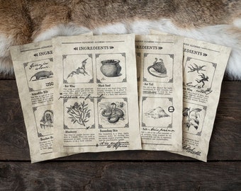 4 Pagine di Ingredienti Alchemici - Set II - Diario di Preparazione di Pozioni e Veleni