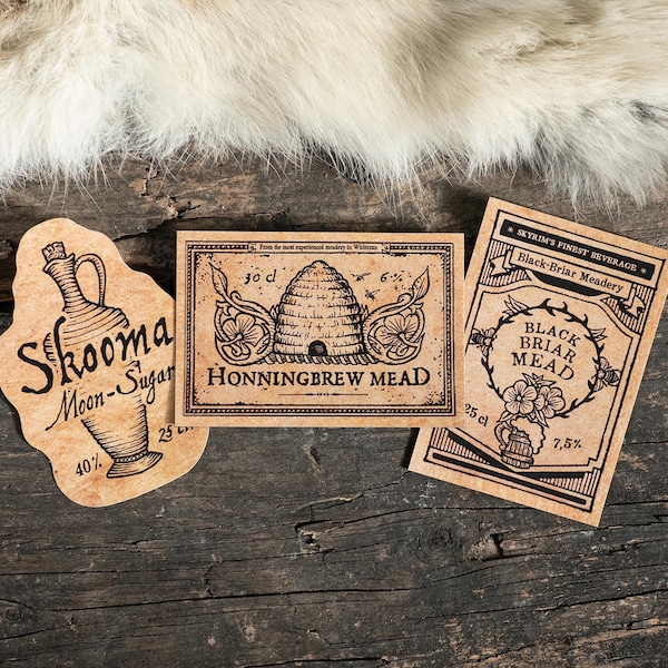3 pegatinas de bebidas de Skyrim: Skooma, Honningbrew y Black-Briar Mead