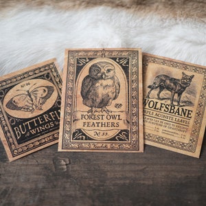 3 autocollants d’étiquette de potion - Plumes de hibou, ailes de papillon et Wolfsbane