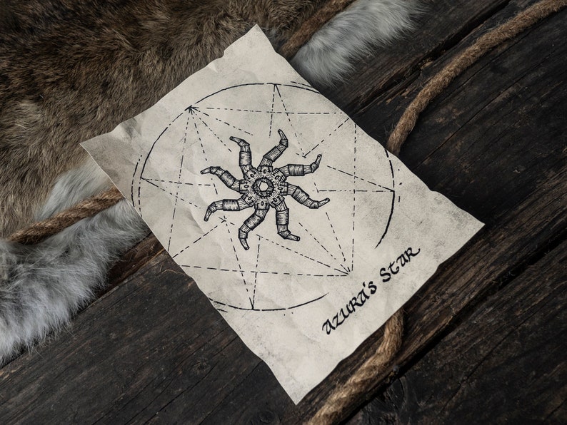 May include: A black and white illustration of a star with eight points, surrounded by a circle and a geometric pattern. The paper is aged and has a brown tint. The text "Azura's Star" is written in cursive at the bottom of the paper.