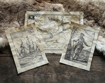 3 Pagine e mappa del Capitano Barbanera il Pirata - Pergamene ispirate alla pirateria, ai bucanieri e ai corsari del Mar dei Caraibi
