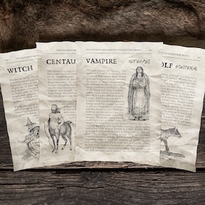 May include: Four vintage-style paper pages with illustrations and text about mythical creatures. The pages are titled "Witch", "Centaur", "Vampire", and "Wolf Werewolf".