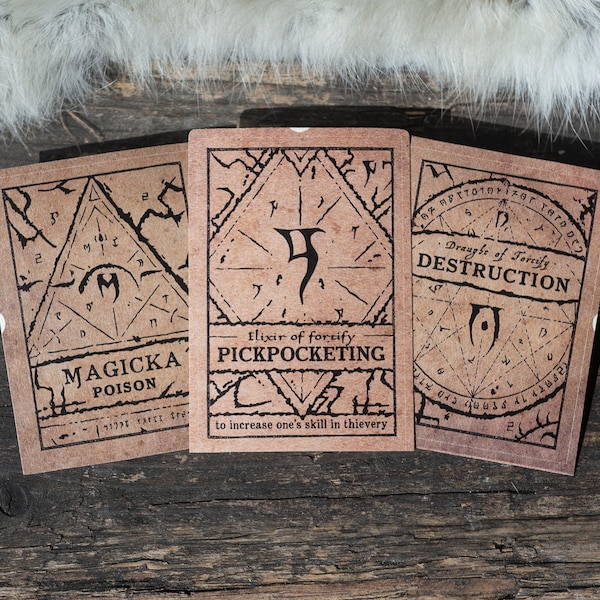 3 pegatinas de pociones de Skyrim: Destrucción, Magicka y Robo de Fortificación