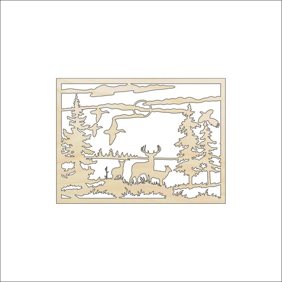 Scene Deer - Laser Cut Out Unfinished Wood Craft Shape DER48 Scene Deer - Laser Cut Out Unfinished Wood Craft Shape DER48