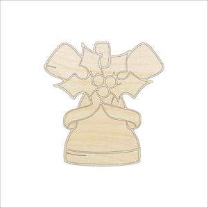 May include: A wooden Christmas bell ornament with a holly and berry design. The bell has a ribbon and holly leaves with berries at the top. The ornament is made of light-colored wood and is suitable for holiday decor.