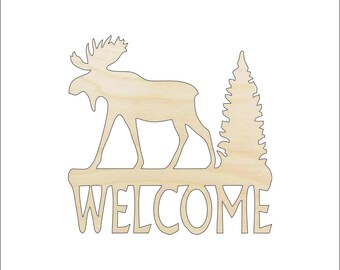 Sign Welcome Moose - Laser Cut Out Unfinished Wood Craft Shape MUS28 Sign Welcome Moose - Laser Cut Out Unfinished Wood Craft Shape MUS28