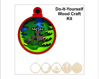 Deer Scene Wood Craft Kit Ornament Door Sign Multi Piece Laser Cut Out & Unfinished DIY Craft Supply AN15