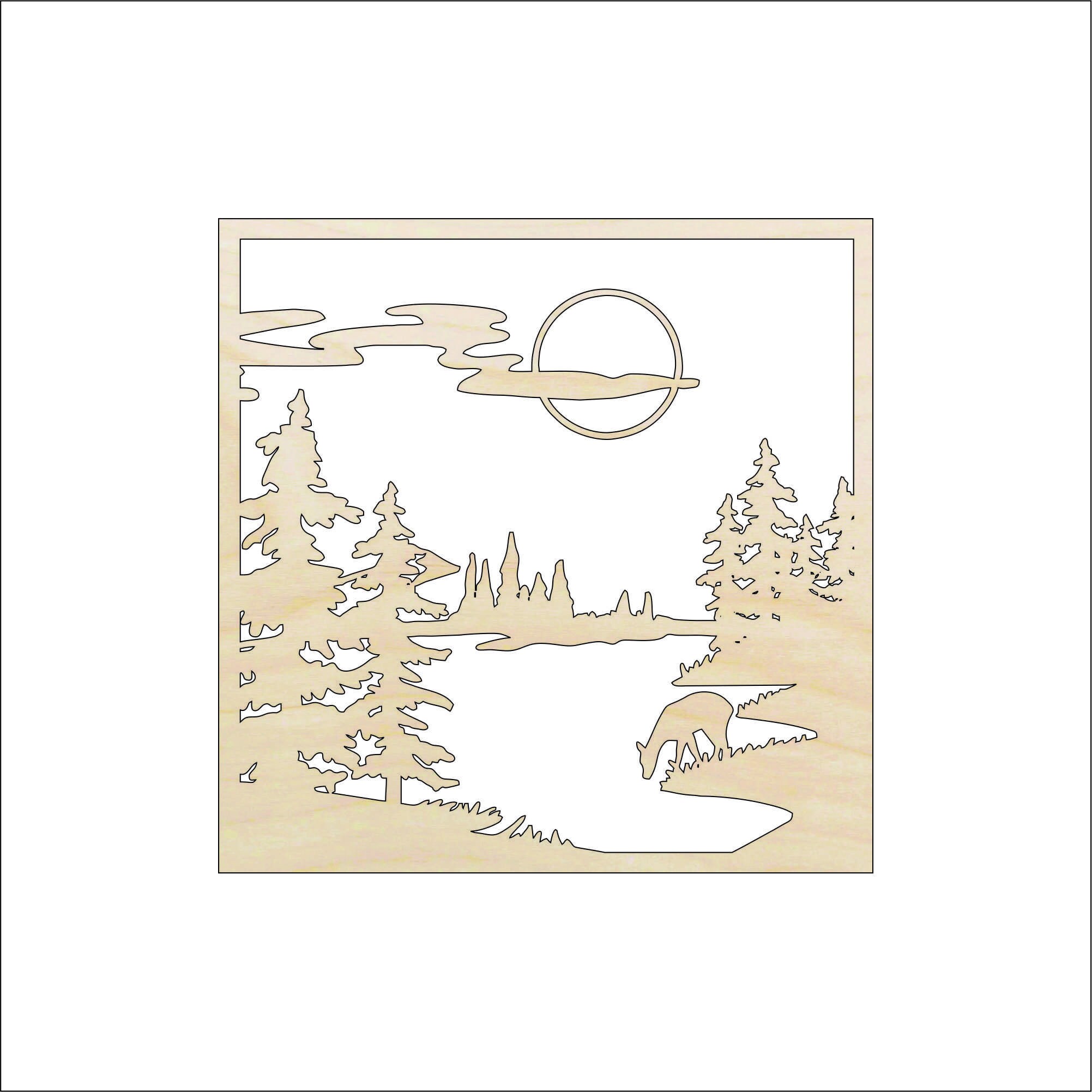 Scene Deer - Laser Cut Out Unfinished Wood Craft Shape DER61 Scene Deer - Laser Cut Out Unfinished Wood Craft Shape DER61