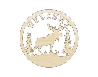 Sign Welcome Moose - Laser Cut Out Unfinished Wood Craft Shape SGN107 Sign Welcome Moose - Laser Cut Out Unfinished Wood Craft Shape SGN107