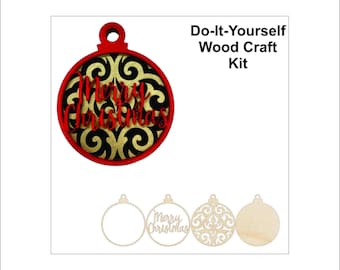 Merry Christmas Wood Craft Kit Ornament Door Sign Multi Piece Laser Cut Out & Unfinished DIY Craft Supply XM19