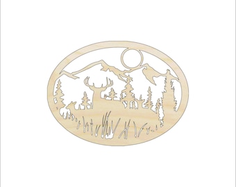 Scene Deer - Laser Cut Out Unfinished Wood Craft Shape DER57 Scene Deer - Laser Cut Out Unfinished Wood Craft Shape DER57