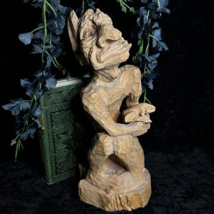 Rare Lithuanian &quot;Devil with Frog&quot; Sculpture by Renowned Artist Raimundas Puskorius Primitive Wooden Folk Art Carving Sculpture