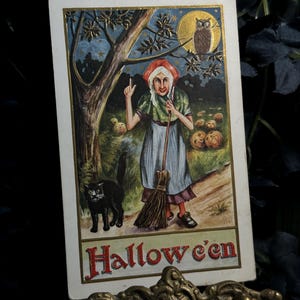 Old Crone Standing on Road with Pumpkin Field in Background Antique German Halloween Postcard