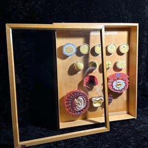 May include: Two wooden display cases with anatomical models of the human reproductive system. The models are in various stages of development, with detailed cross-sections and colorful illustrations. The cases have a light wood frame.