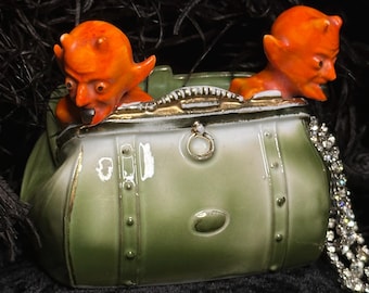 Antique Rare German Porcelain Fairing Red Devil Twins in Purse or Handbag Vintage Krampus Mephisto Demon Themed Collectible circa 1800's