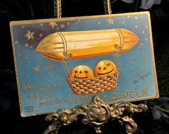 Dirigeable citrouille, ancienne carte postale d'Halloween, 1909, Allemagne, ciel étoilé, divertissement, Ellen Clapsaddle