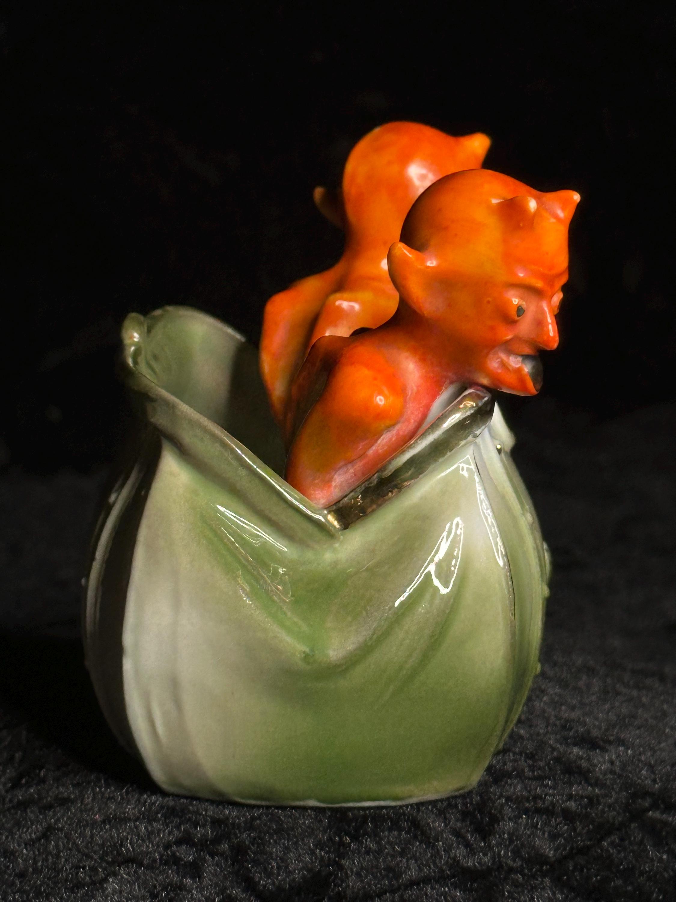 Antique Rare German Porcelain Fairing Red Devil Twins in Purse or