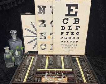 Vintage WWII Era Traveling Optometrist Kit With Three Original Eye Charts and Headlamp Case