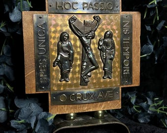 Vintage Mid-century MCM German Made "At the Foot of the Cross" Plaque Wooden Religious Standing Sign