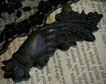 Antique Victorian Vulcanite Mourning Hand Brooch with Flowers