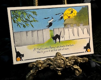 Carte postale ancienne « Une fête d'Halloween » de chats noirs Halloween non utilisée