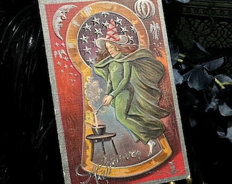 Antique Halloween Postcard with Witch Brewing Potion in Keyhole and Spiderwebs