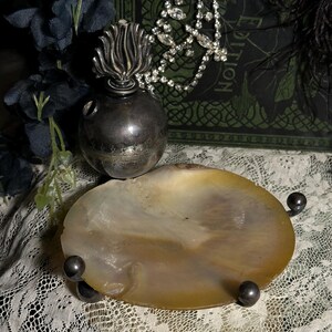 May include: A silver perfume bottle with a flame-shaped top sits next to a large, iridescent seashell on a decorative tray. The tray has three small, dark metal ball feet. A vintage aesthetic is conveyed by the objects.