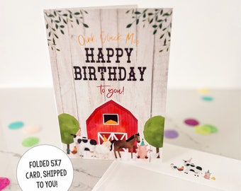 Farm Animals Birthday Card, Kids Personalized Greeting, Barnyard (5x7 Folded Card)