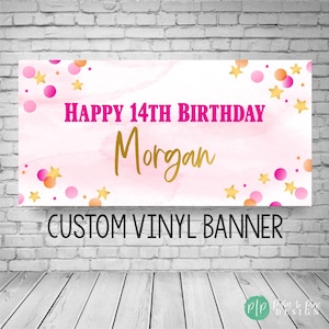 Banner de feliz cumpleaños con estrellas y lunares, Banner de cumpleaños para niña, Banner de cumpleaños para niña, Banner de cumpleaños rosa para adolescentes, Banner de cumpleaños para preadolescentes