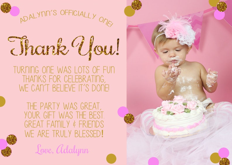 First Birthday Thank You Card Pink & Gold Glitter Thank You - Etsy