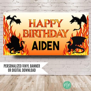 Dragon Birthday Vinyl Banner, Personalized Flame Dragon Party Decor, Fire Wings Backdrop