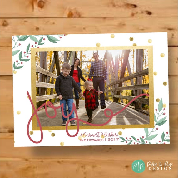 Joy Christmas Card, Photo Christmas Card, Family Photo Christmas Card, Greenery Christmas Card, Holiday Card, Floral Holiday Photo Card Il_570xn