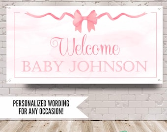 Pink Bow Baby Shower Banner, Personalized Baby Girl Backdrop, Coquette Party Decorations