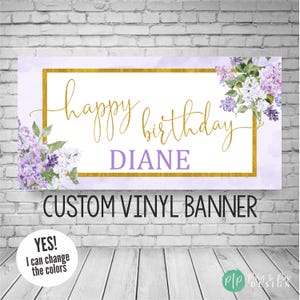 Floral Birthday Banner, Lilac birthday sign, women birthday banner, purple and gold banner, women purple lilac & gold banner, lilac backdrop
