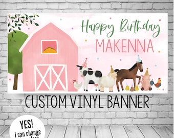 Pink Farm Animals Birthday Banner, Barnyard Party Decorations (Custom Colors Options)