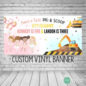 Banner de cumpleaños para hermanos de construcción de bailarinas, fiesta de cumpleaños de bailarinas, letrero de cumpleaños de construcción, cumpleaños conjunto de construcción de bailarinas