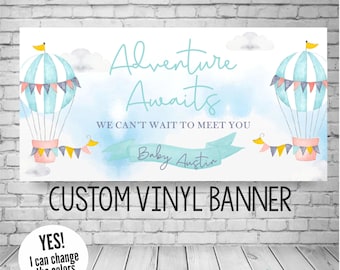 Adventure Awaits Baby Shower Banner, Hot Air Balloon Vinyl Party Sign (Custom Colors)
