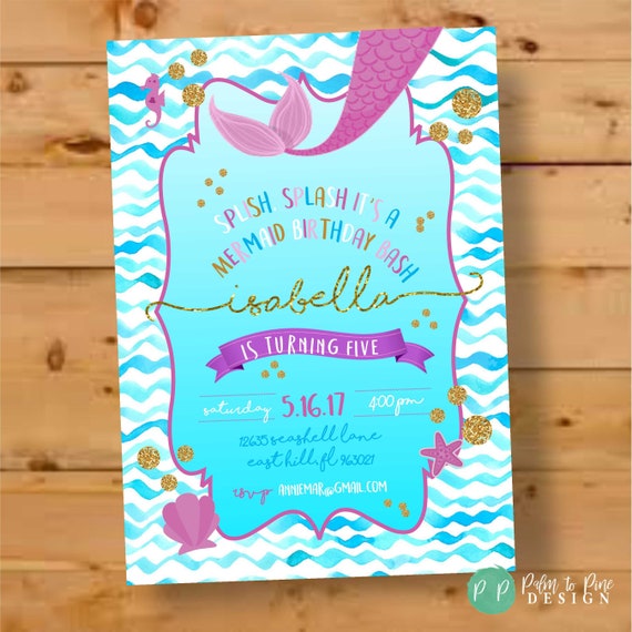 Mermaid Birthday Invite, Under the Sea Invite, Mermaid Invite, Mermaid Invitation, Watercolor Mermaid, Mermaid Birthday, Aqua ,Gold Glitter Il_570xn