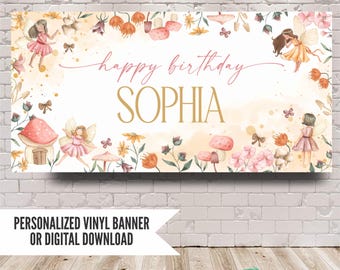 Whimsical Fairy Birthday Banner, Girls Enchanted Garden Party Decorations, Floral Fairies Backdrop
