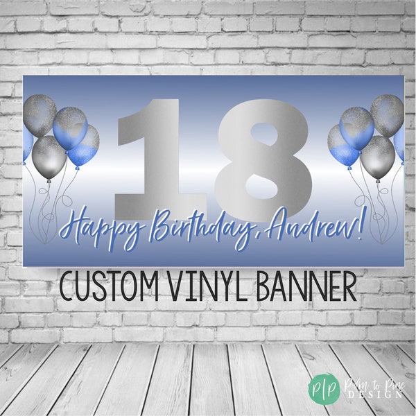 Birthday Banner, birthday balloon sign, blue happy birthday banner for yard, custom birthday yard decorations, blue birthday banner, silver