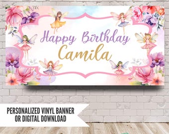 Fairy Birthday Banner, Whimsical Garden Party Decorations, Girls Celebration Backdrop