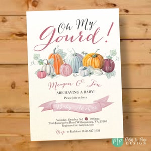 Watercolor Pumpkin Baby Shower Invitation, Fall Leaves (Digital or Printed)
